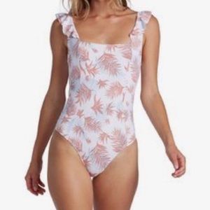 Roxy Mills One Piece Ruffle Strap White, Pink, Blue Leaf Print Swimsuit Size S